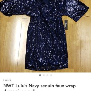 Lulu's Navy Sequin Faux Wrap Dress